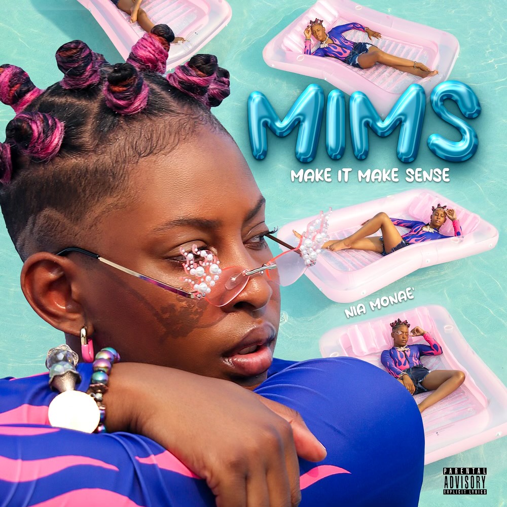 Pink Moni - M.I.M.S. song artwork featuring the artist headshot alongside photos of the artist floating on a pink inflatable raft.